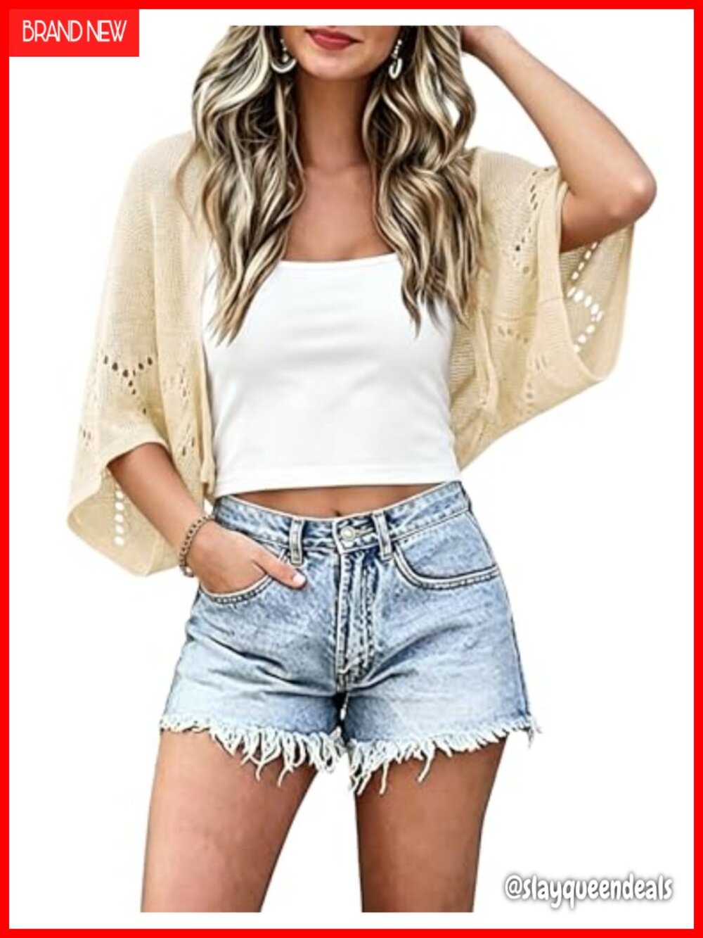 Lightweight Crochet Cardigan Batwing Short Sleeve Shrug Open Front Women